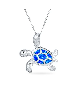 Bling Jewelry Large Nautical Tropical Beach Vacation Iridescent Blue Created Opal Inlay Sea Tortoise Turtle Pendant Necklace For Women Teen .925 Sterl