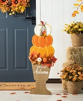 Glitzhome 36"H Fall Wooden Stacked Pumpkin with Urn Porch Decor