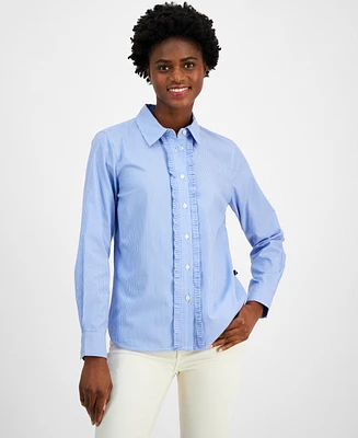 Nautica Jeans Women's Striped Ruffled Button-Front Cotton Shirt