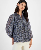 Nautica Jeans Women's Floral-Print Lace-Up Pleated Top