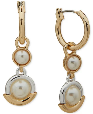 Anne Klein Two-Tone Double Imitation Pearl Charm Hoop Earrings