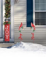 Glitzhome 36"H Set of 2 Christmas Metal Cardinal "Joy" and "Noel" with Bell Yard Stake or Wall Decor