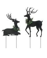 Glitzhome 42"H Set of 2 Christmas Metal Silhouette Reindeers Yard Stake or Wall Decor