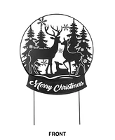 Glitzhome 30"H Christmas Metal Silhouette Waterglobe with Reindeer Family Yard Stake or Wall Decor