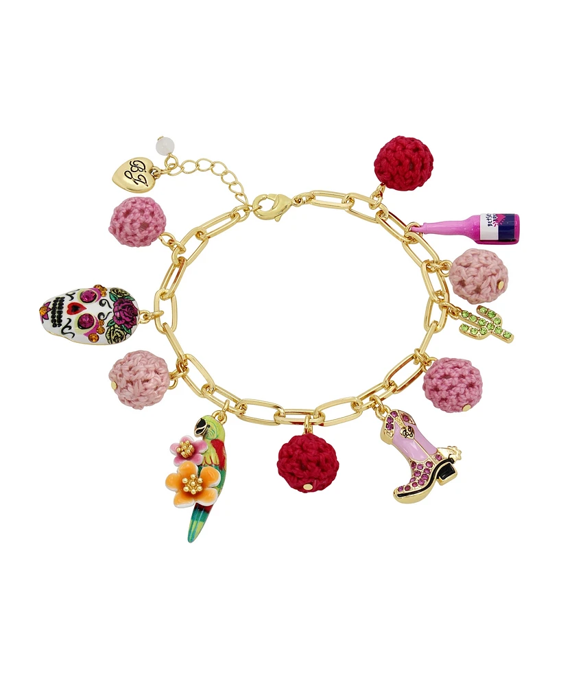 Betsey Johnson Faux Stone Sugar Skull Charm Bracelet