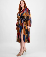 Robbie Bee Plus Size Printed Faux-Wrap Long-Sleeve Dress