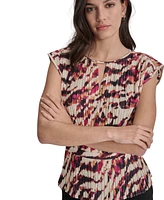 Dkny Women's Printed Pleated Cap Sleeve Blouse