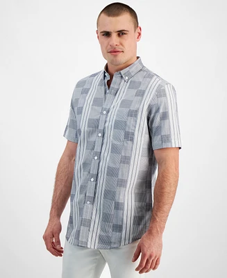 Club Room Men's Regular-Fit Stretch Pattern-Blocked Button-Down Poplin Shirt, Created for Macy's