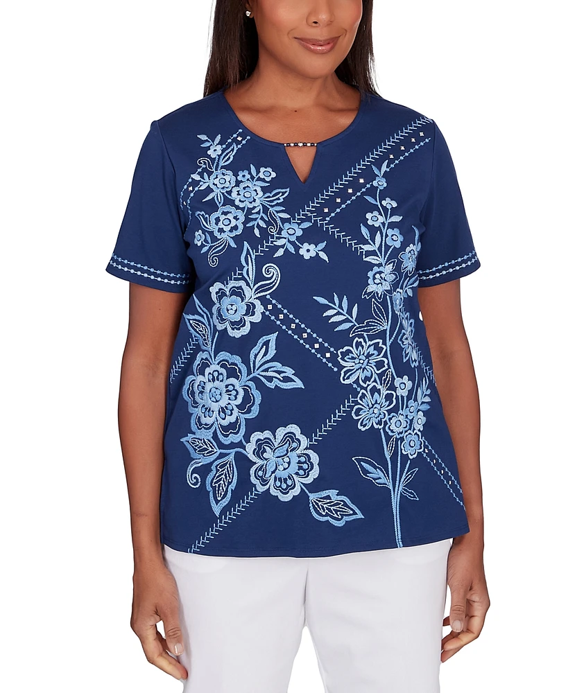 Alfred Dunner Petite Blue Bayou Embroidered Keyhole Top