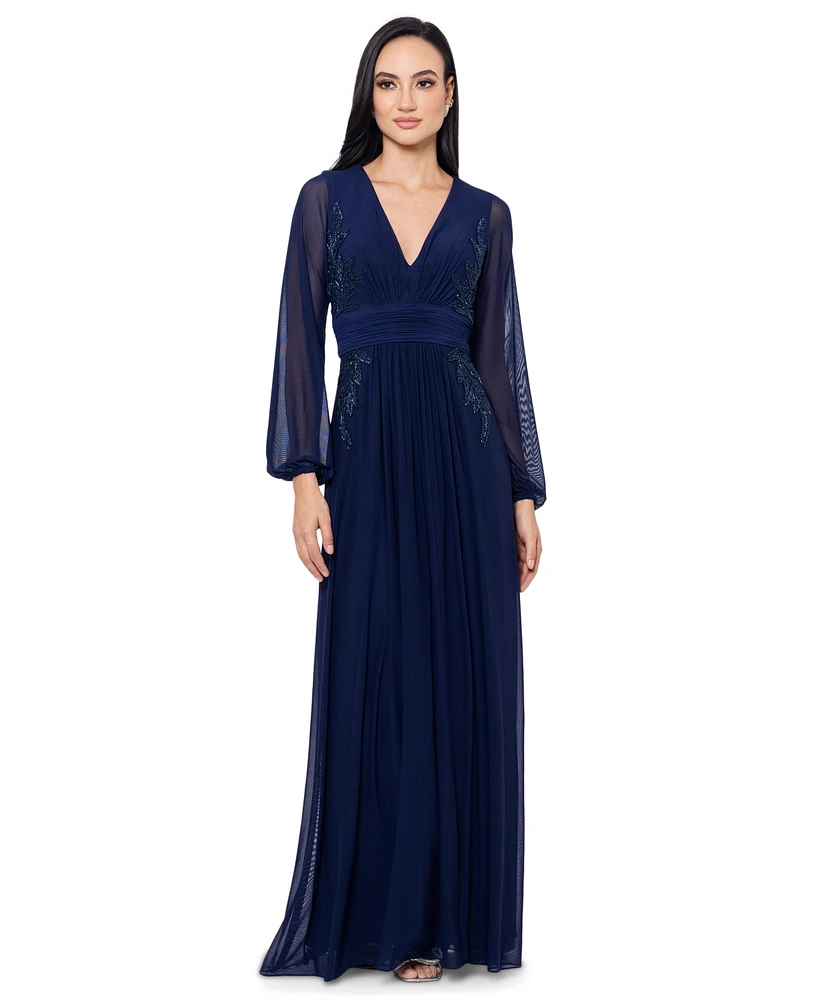 Betsy & Adam Petite V-Neck Side-Beaded Long-Sleeve Gown