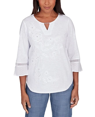 Alfred Dunner Petite Embroidered Embellished Keyhole Top