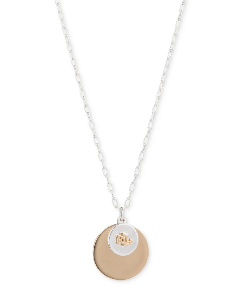 Lauren Ralph Lauren Two-Tone Logo Disc Pendant Necklace, 16" + 3" extender