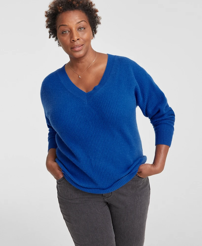 Charter Club Plus Cashmere Rib-Knit Relaxed-Shoulder Sweater, Created for Macy's