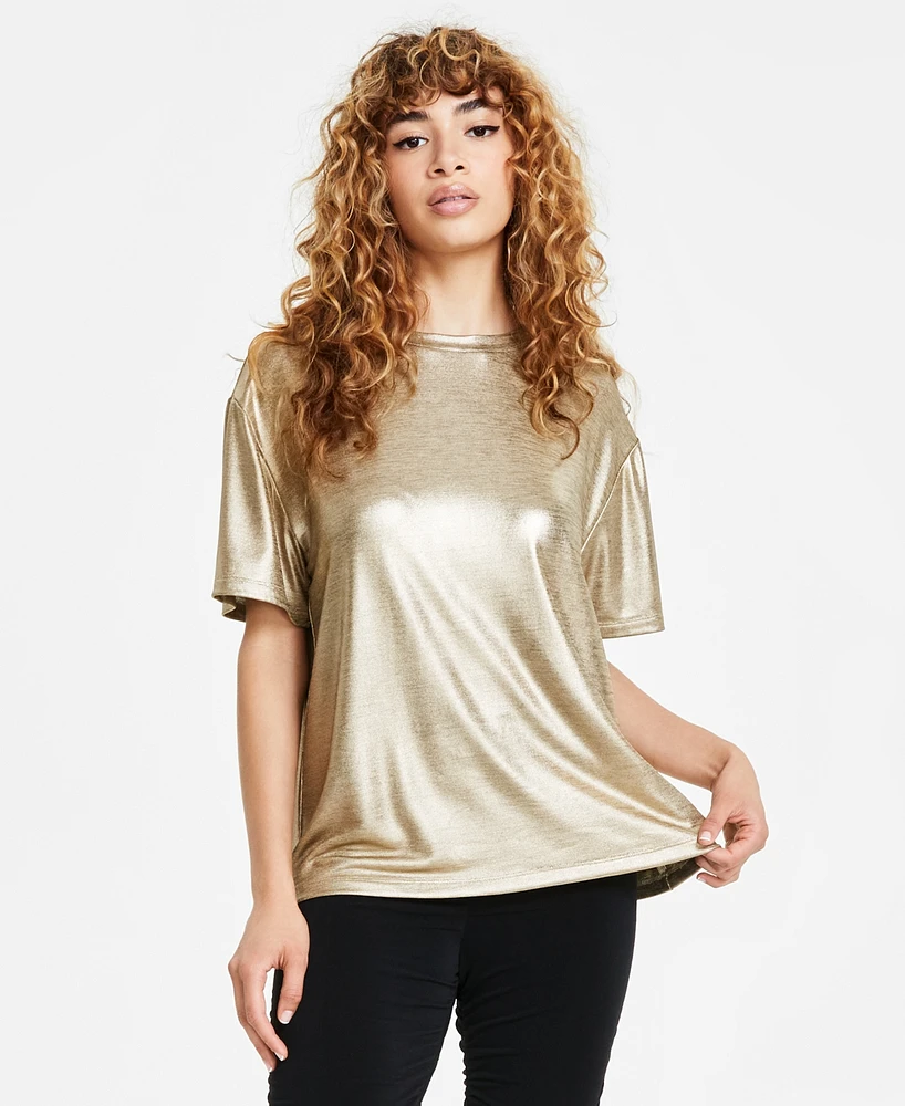 Bar Iii Women's Short-Sleeve Crewneck Metallic Tee, Created for Macy's