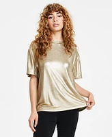 Bar Iii Women's Short-Sleeve Crewneck Metallic Tee, Created for Macy's