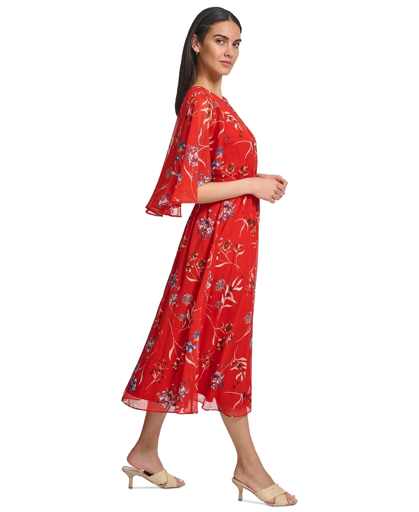 Calvin Klein Women's Floral-Print Draped-Sleeve Dress