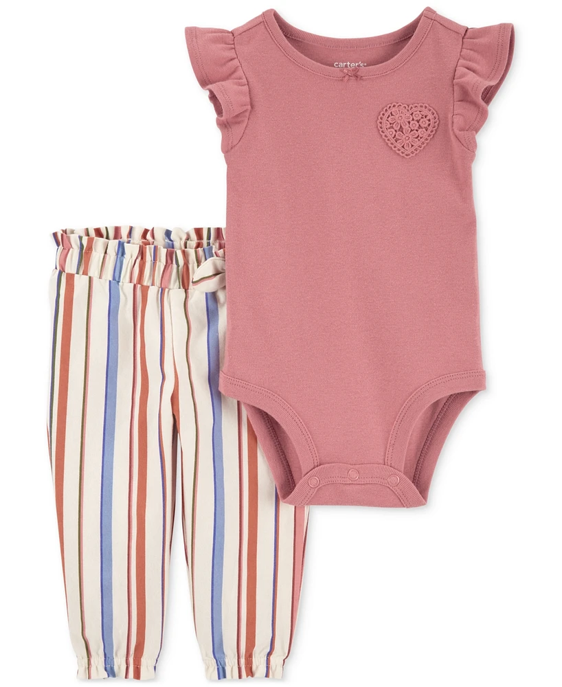 Carter's Baby Girls Cotton Heart Bodysuit & Striped Pants, 2 Piece Set