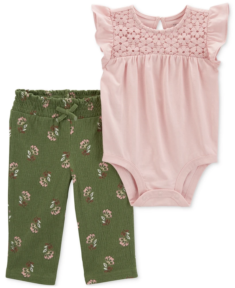 Carter's Baby Girls 2-Pc. Flutter Bodysuit & Floral-Print Pants Set