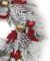 Holiday Lane Flocked Wreath with Red and Gold Ornaments, Created for Macy's