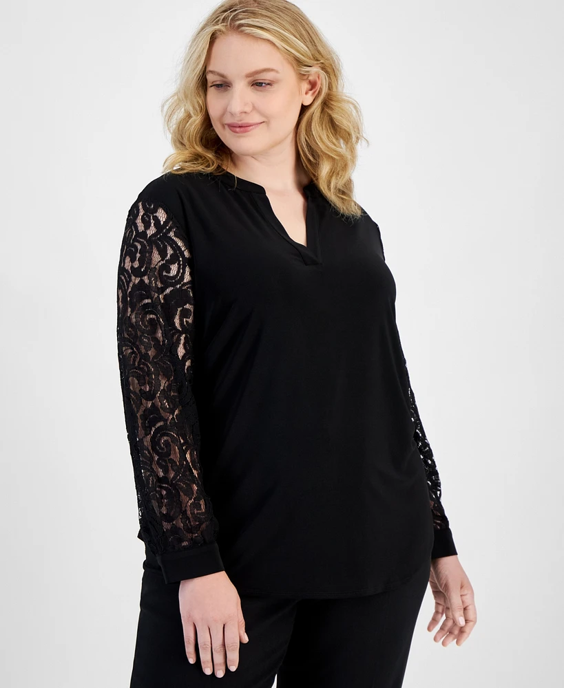 Kasper Plus Size Lace-Sleeve Split-Neck Top