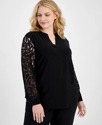 Kasper Plus Lace-Sleeve Split-Neck Top