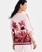 Jm Collection Petite Oasis Palm-Print Tassel-Trim-Sleeve Top, Created for Macy's