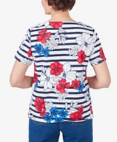 Alfred Dunner Women's Floral Stripe Braided Neck Tee