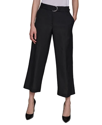 Karl Lagerfeld Women's Mid Rise Belted Cropped Linen-Blend Pants