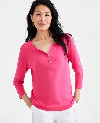 Style & Co Women's Cotton 3/4-Sleeve Henley Tee, Created for Macy's