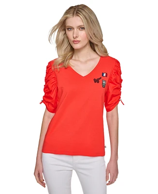 Karl Lagerfeld Paris Women's Ruched-Sleeve V-Neck Top