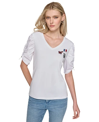 Karl Lagerfeld Paris Women's Ruched-Sleeve V-Neck Top