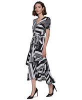 Karl Lagerfeld Paris Women's Printed Tie-Waist Tiered V-Neck Dress