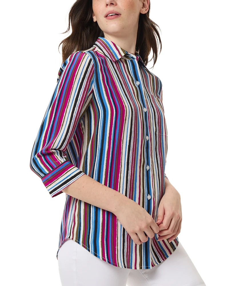 Jones New York Women's Striped 3/4-Sleeve Collared Blouse