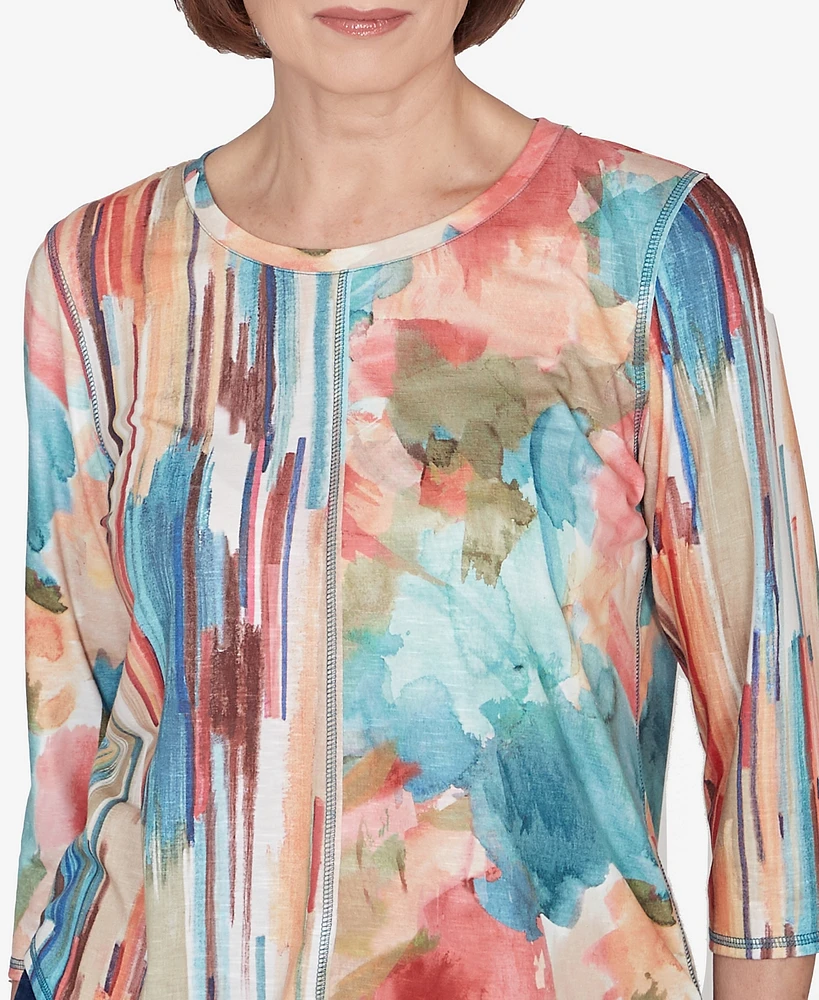 Alfred Dunner Petite Sedona Sky Spliced Floral Brushstroke Stripes Top