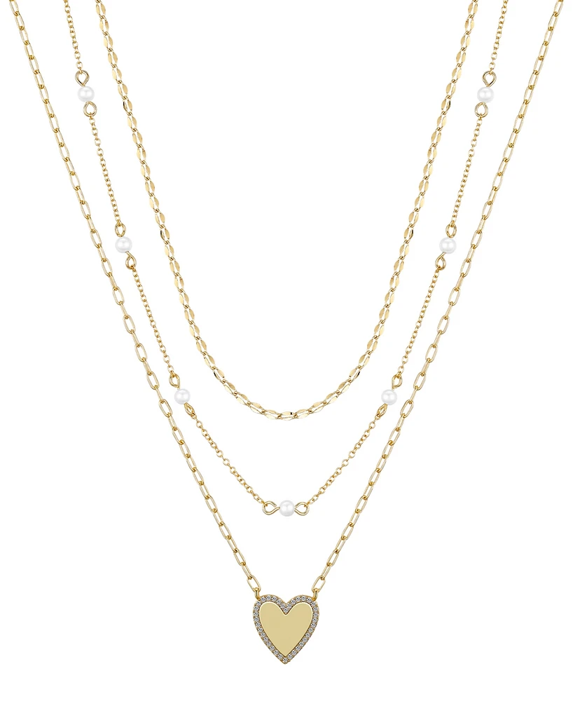 Unwritten Natural Pearl Cubic Zirconia Heart Layered Necklace Set