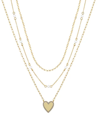 Unwritten Natural Pearl Cubic Zirconia Heart Layered Necklace Set