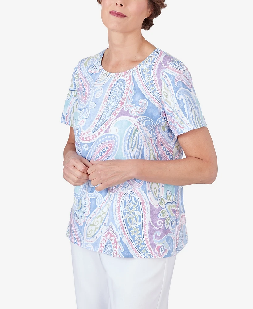 Alfred Dunner Petite Pleated Crew Neck Paisley Short Sleeve Tee