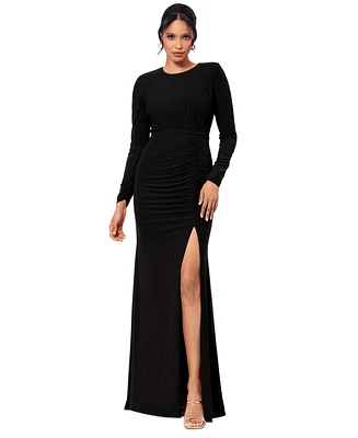 Betsy & Adam Women's Ruched Long-Sleeve Slit Gown