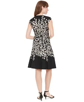 London Times Petite Printed Split-Neck Fit & Flare Dress