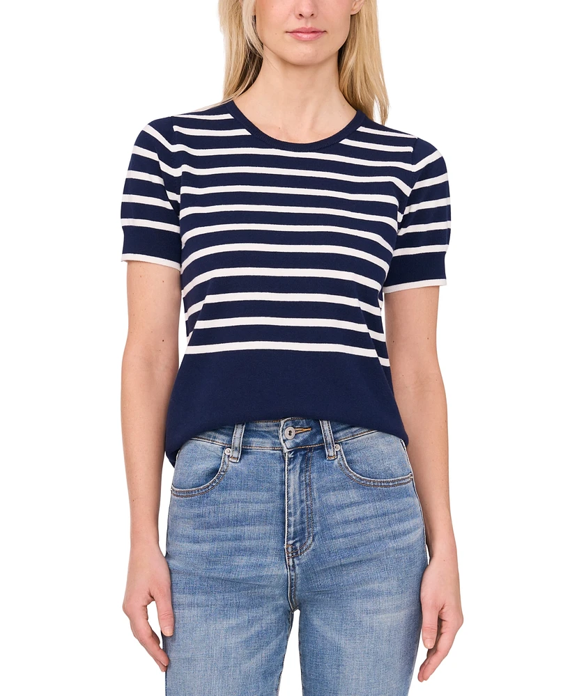 CeCe Women's Cotton Short-Sleeve Striped Crewneck Sweater