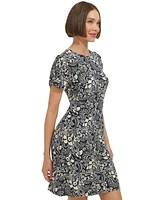 Tommy Hilfiger Petite Printed Round-Neck Ruched-Sleeve Dress