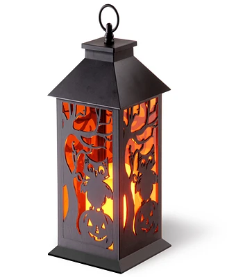 National Tree Company 12" Halloween Lantern with Led Lights, Carved Images of Owls, Pumpkins, Leafless Trees