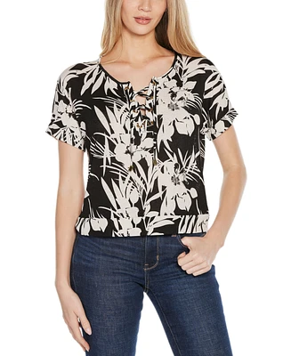 Belldini Women's Floral Print Lace-Up top