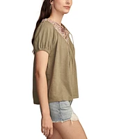 Lucky Brand Women's Embroidered Tie-Neck Peasant Top