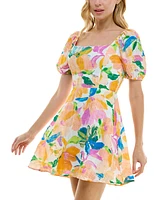 As U Wish Juniors' Puffed-Sleeve Floral-Print Smocked-Back Dress