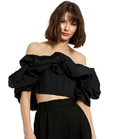 Mac Duggal Women's Faille Off The Shoulder Bustier Ruffle Top