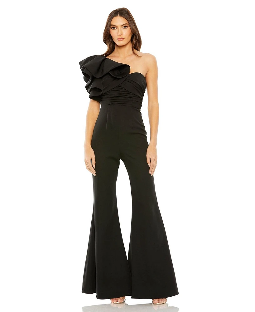 Mac Duggal Women's One Shoulder Ruffle Detail Flare Pant Jumpsuit