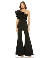 Mac Duggal Women's One Shoulder Ruffle Detail Flare Pant Jumpsuit