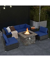 Costway 7 Pcs Patio Furniture Set with 50,000 Btu Fire Pit Table Wicker Sofa Cushions