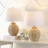 Jonathan Y Nora 22" Rustic Coastal Rattan Globe Led Table Lamps, Brown (Set of 2)